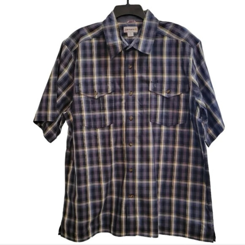 Carhartt Shirt Mens XL Button-up Short Sleeve Blue Plaid Relaxed Fit
